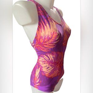 Speedo Ladies Pink Criss Cross Back Pink Orange Purple Palm Fronds Swimsuit Sz 8